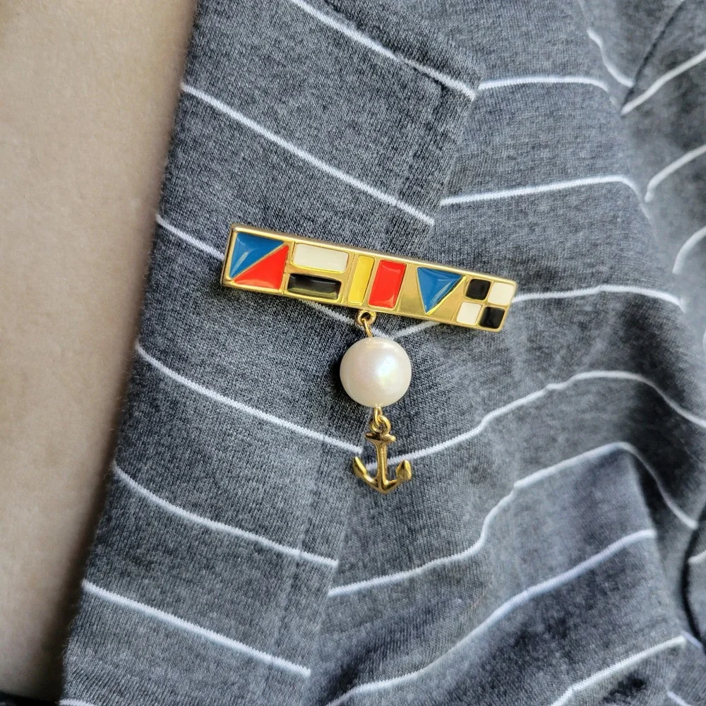 Vintage 1990s Marvella Nautical Enamel Bar Brooch Gold Pearl Anchor Pin
